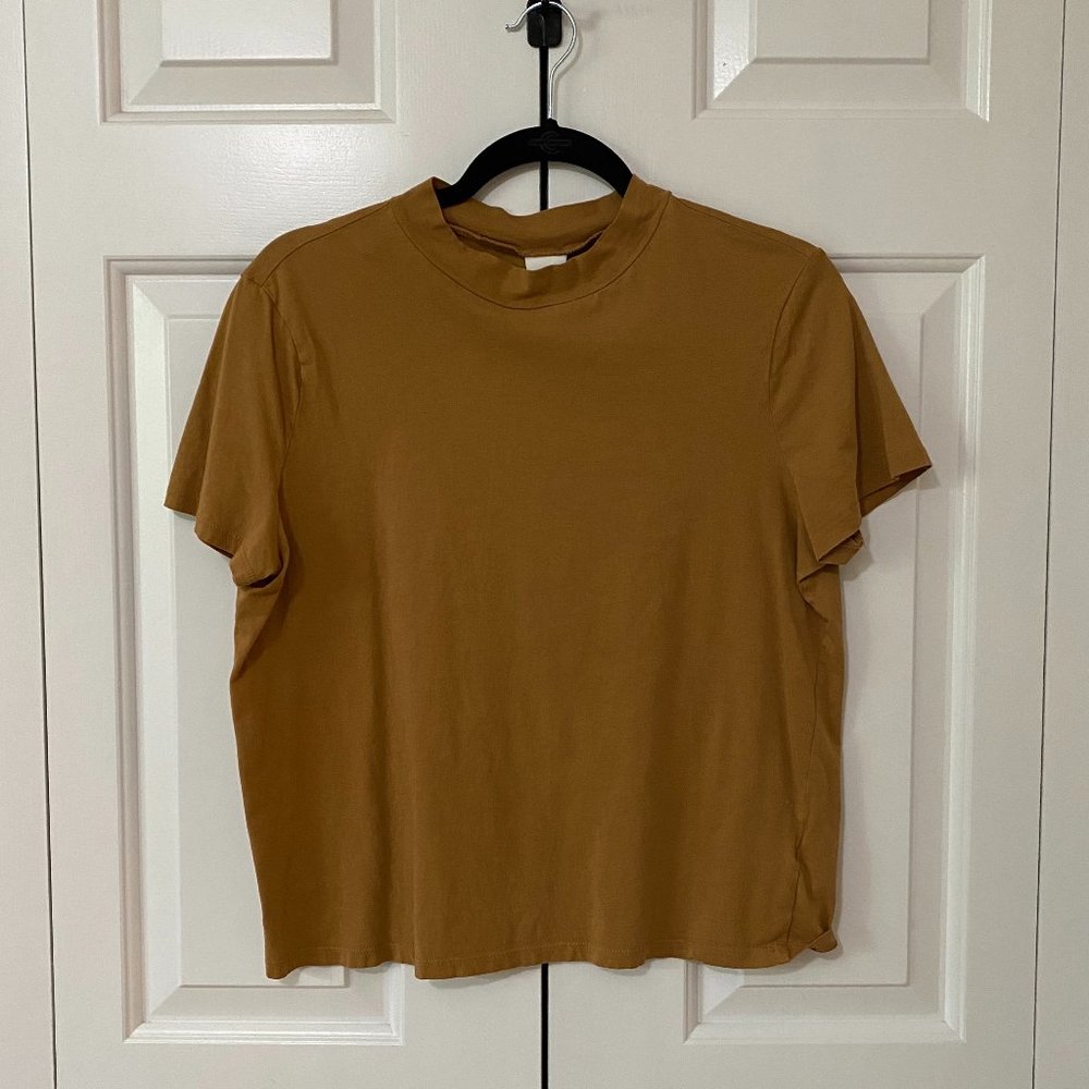 Tan colored Short Sleeve Cropped Mock Neck T-shirt